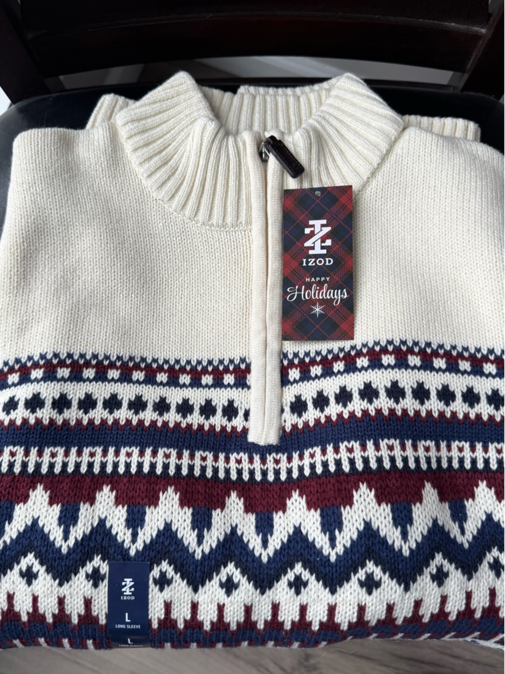 IZOD Sweater Men’s Cream Half-Zip Fair Isle Pullover Holiday Sweater Vanilla ice